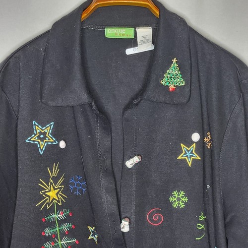 Onque Mujer 2X Negro Navidad Cárdigan Suéter Papá Noel Muñeco de Nieve Botón Árbol Luces - Imagen 4 de 11