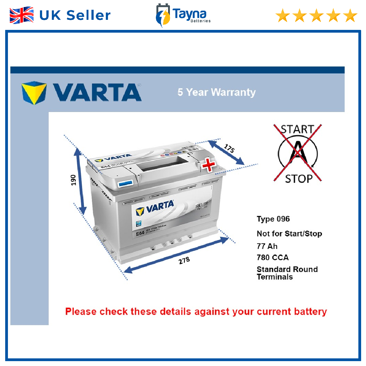 Battery fits RANGE ROVER Mk3 VELAR 3.0D 2002 on Varta 096 780A 77Ah Quality New