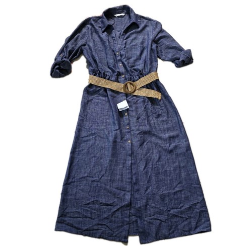 Hemdblusenkleid ZARA Größe L blau Kragen Leinen Gürtel Langarm