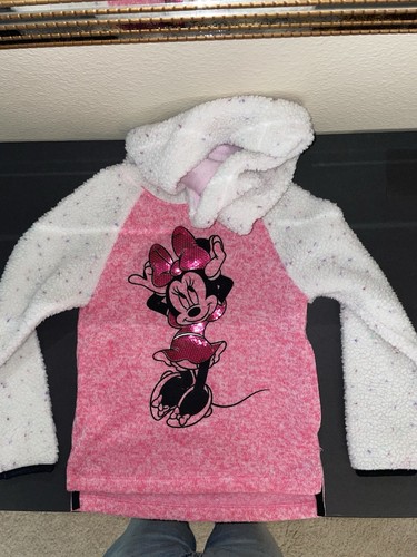 Disney Minnie Mouse Marled Pink Knit Hoodie Sweater Silver Embroidered Hearts 6