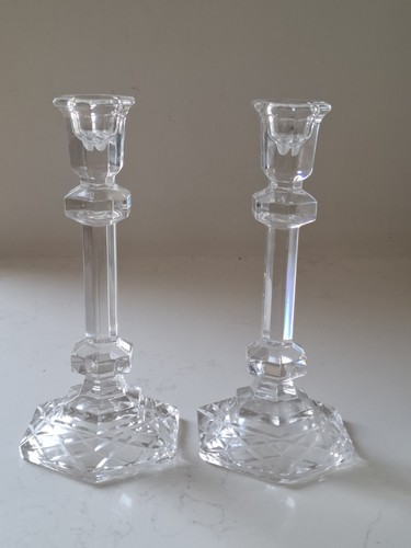 Pair Of Crystal Glass Candlestick Holders 8" Vintage Christmas Table Decor - Picture 17 of 22