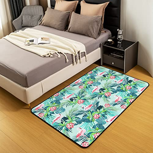 Pink Flamingo Area Rugs for Girls Women, Green Palm Leaves Print Rugs, - Foto 4 di 7