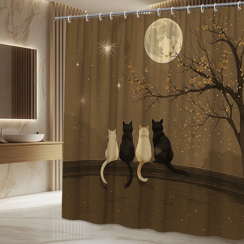 1 pieza Cortina de Ducha Gato Luna Noche Negro Blanco Gatos Árbol Cielo Estrellado Baño Decoración Foto 4 de 4