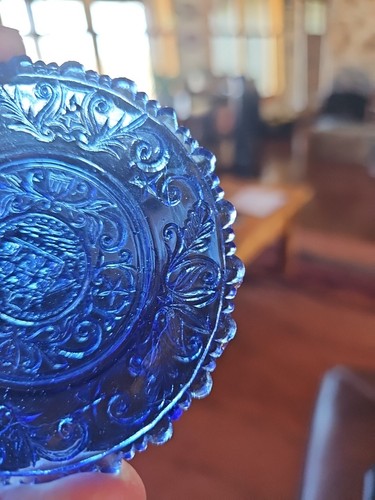 Rare Antique Blue Ship Flint Glass Sandwich Cup Plate - Picture 4 of 9