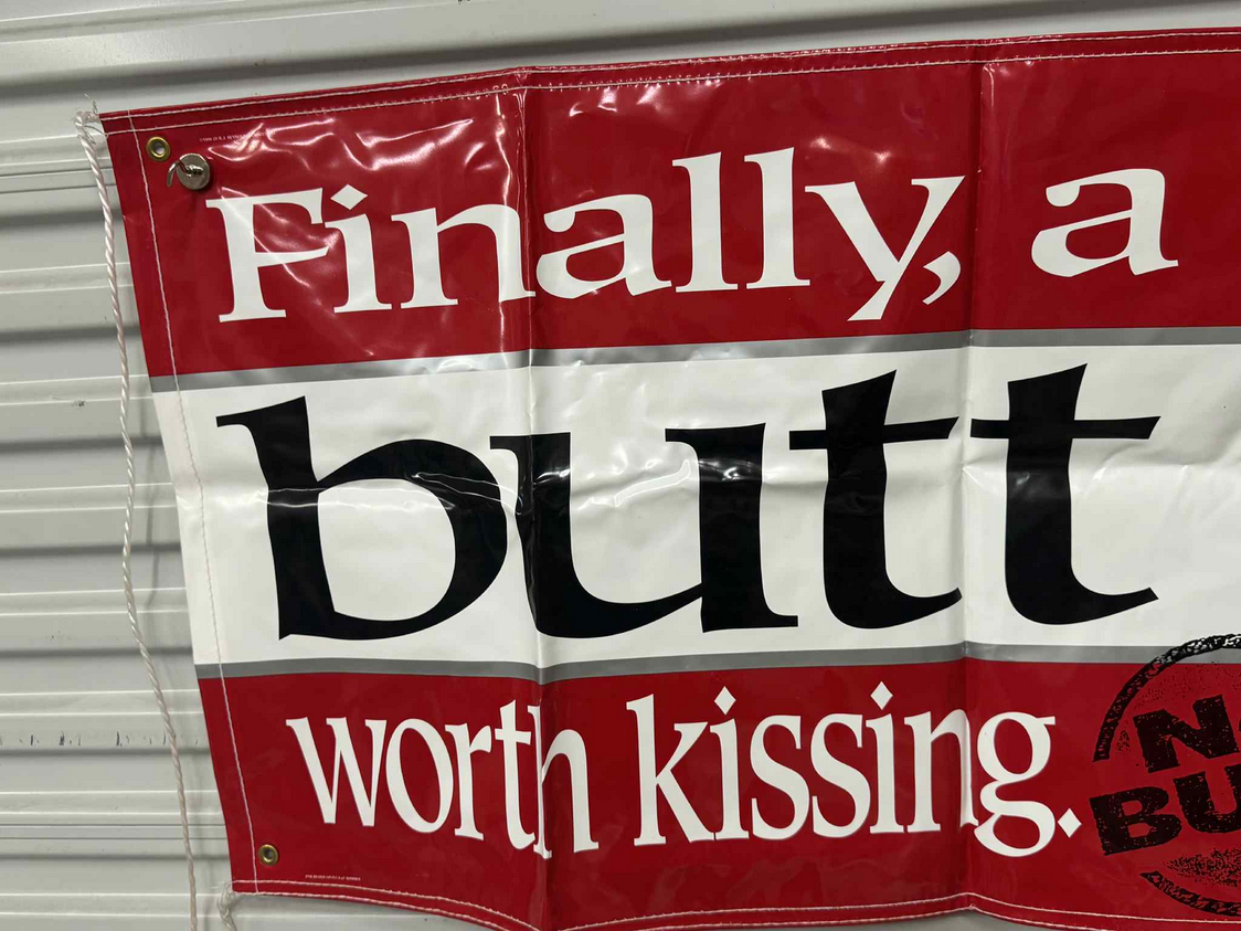 Vintage Winston Cigarettes Advertising Banner – “Finally, a Butt
