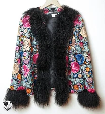 Adrienne Landau Vintage Silk Embroidered Jacket L Mongolian Lamb Fur Trim Rare