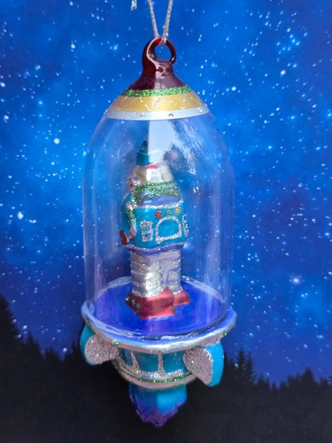 ROBOT ASTRONAUTA NAVE ESPACIAL VIDRIO ADORNO 6" Retro Ciencia Ficción NUEVO Azul COHETE - Imagen 5 de 6