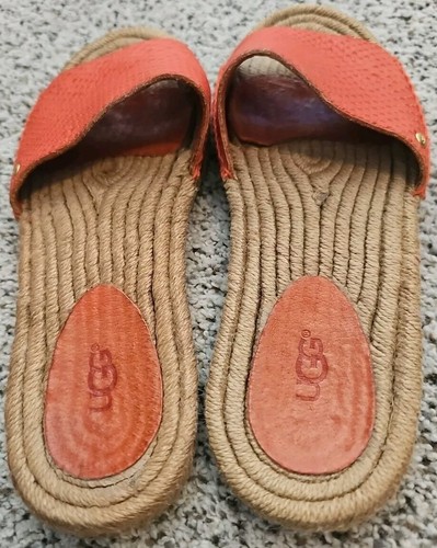 UGG SANDALS SLIDES SHOES WOMEN SZ 7 SUNNY ORANGE LEATHER LIZARD LOOK SISAL FLATS - Picture 8 of 10