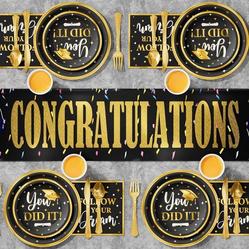 Premium Graduation Dinnerware Set - 350 PCS Black & Gold Disposable Tableware - Picture 6 of 8