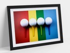 GOLF BALLS MULTI COLOUR STRIPED BACKGROUND FRAMED WALL ART POSTER PRINT 4 SIZES