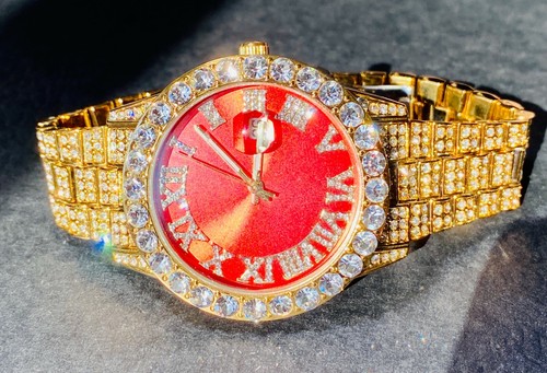 Reloj de hielo redondo personalizado totalmente helado con esfera roja helada helada helado circonio circular dorado 14k - Imagen 5 de 8