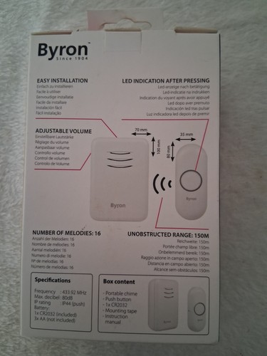Byron DBY-22311 Wireless Portable Doorbell Set with 16 Melodies / 150m Range - Picture 2 of 3