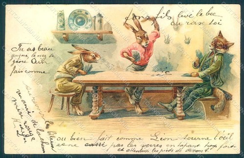 Animals Anthropomorphic Dressed Hare Fox Playing Cards postcard HR0363