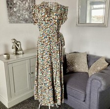 Green Speckled Print Ruffle Trim V-Neck Sleeveless Wrapover Maxi Dress S/M 8-10