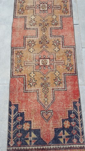 Red and Blue Long Runner Rug Turkish Kitchen Corridor Rug Handmade Boho Rug - Picture 10 of 21