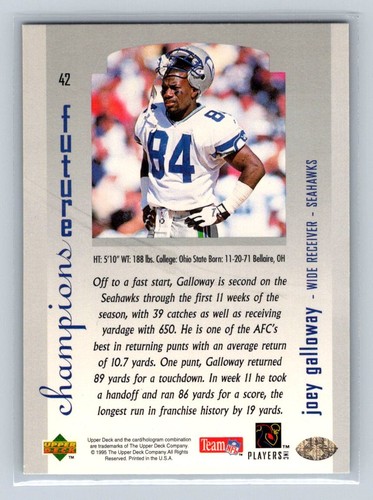 1995 SP Championship Rookie RC Joey Galloway #42 Seattle Seahawks - Picture 2 of 2