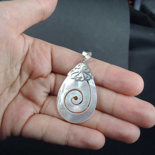 925 Sterling Silver Teardrop Spiral Design Mother of Pearl Pendant, MOPP-132 - Picture 5 of 7