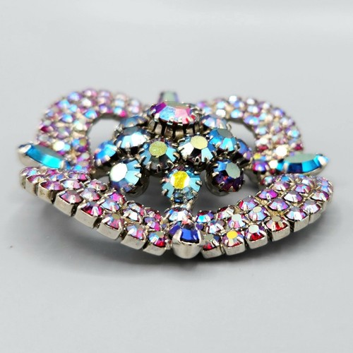 Unsigned Designer Siam Red & Blue Aurora Borealis Rhinestone Open Square Brooch - Picture 3 of 11