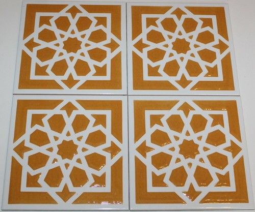 4 8"x8"  Iznik Raised Mustard & White Geometric Pattern Ceramic Tile - Picture 1 of 4