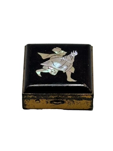 Vintage Pill Box Small Hinged Brass Black W Inlay 1.5” X 1.5” - Picture 1 of 4