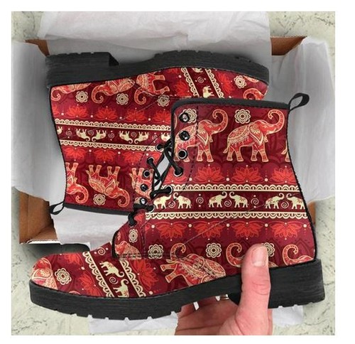 Woman's Fashion Vegan Boho Mandala Elephant Print Ankle Boots PU Leather - Picture 7 of 9