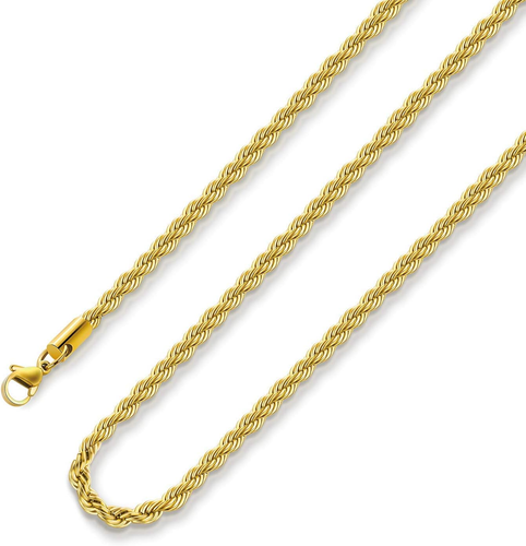 18K Gold Plated Stainless Steel Rope Twist Chain Necklace 2.5mm & 5mm - Picture 12 of 12