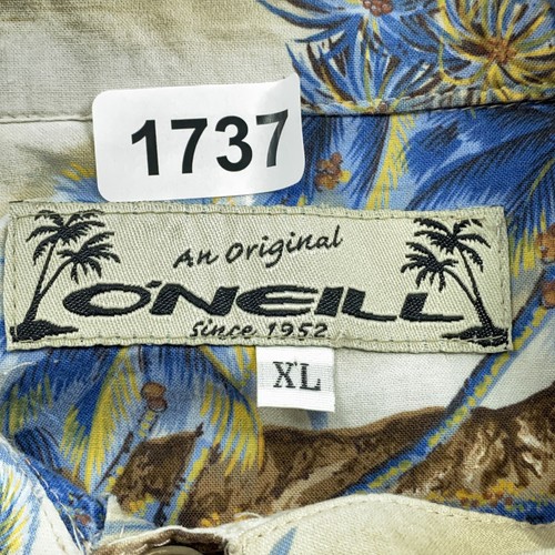 VINTAGE ONeill Hawaiian Shirt Mens Extra Large Tan Blue Palms Beach Surf Aloha - Picture 13 of 13