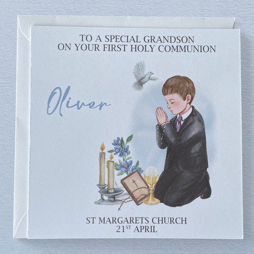 Boys First Holy Communion Card Son Grandson Godson Nephew Brother Personalised - Picture 1 of 4