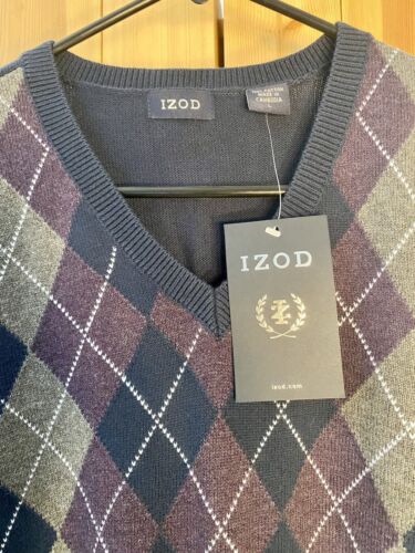 Vintage Izod Sweater Vest Men's XL Navy Argyle Knit 100% Cotton V Neck NEW A++ - Picture 2 of 7