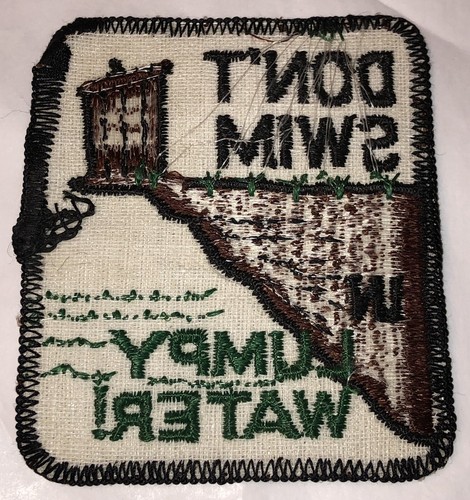 Vintage Square Sew On Patch DONT SWIM IN LUMPY WATER 3” X 2.5” Outhouse Poop - Picture 3 of 3