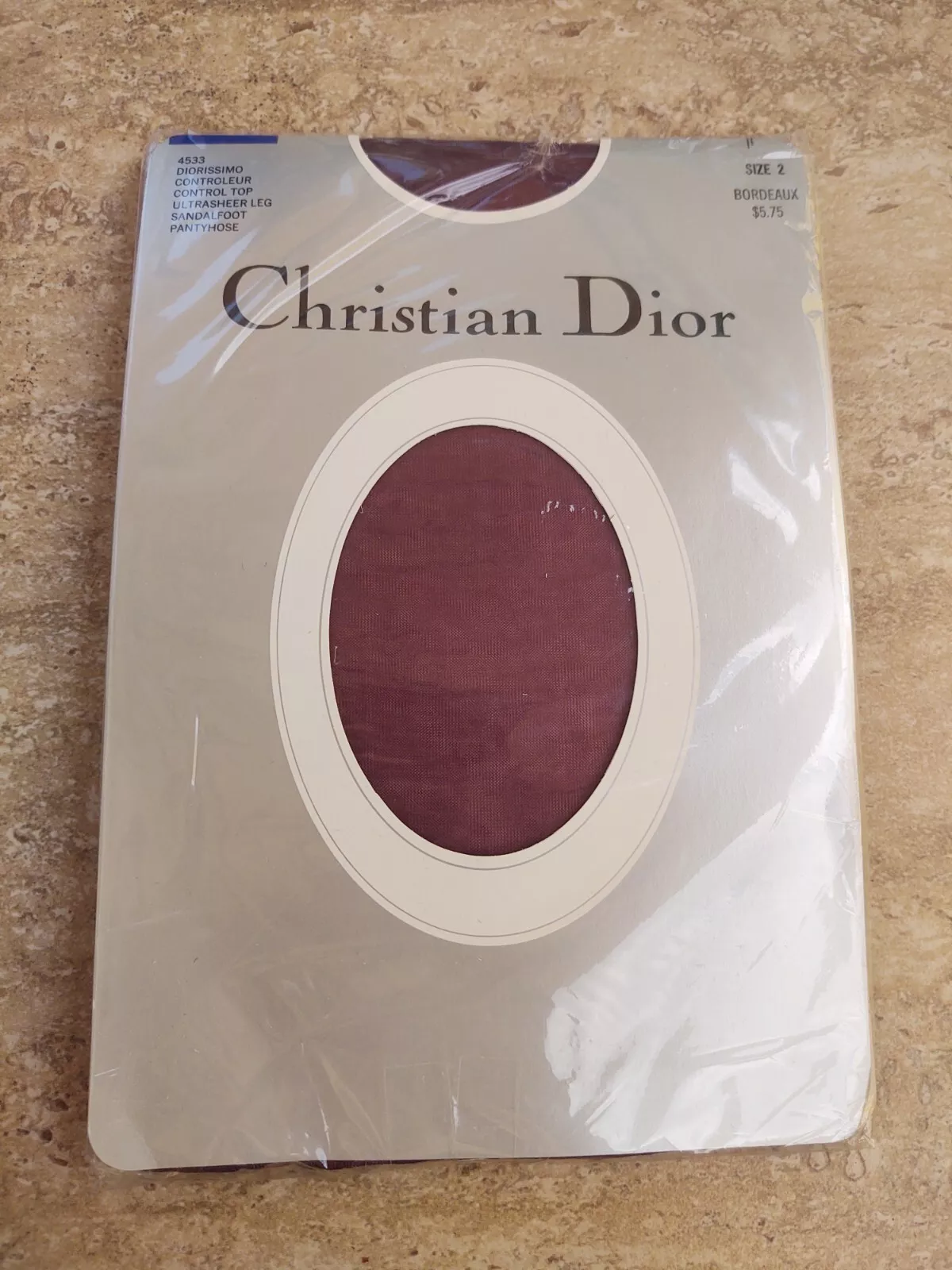 NOS Christian Dior 4533 Control Top UltraSheer Sandalfoot Collant Bordeaux taille 2