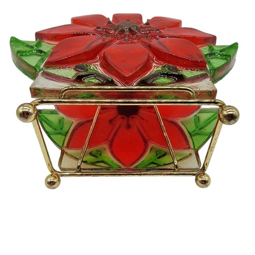 Vintage Lucite Poinsettia Napkin Holder Red Green Flower Design - Picture 4 of 9