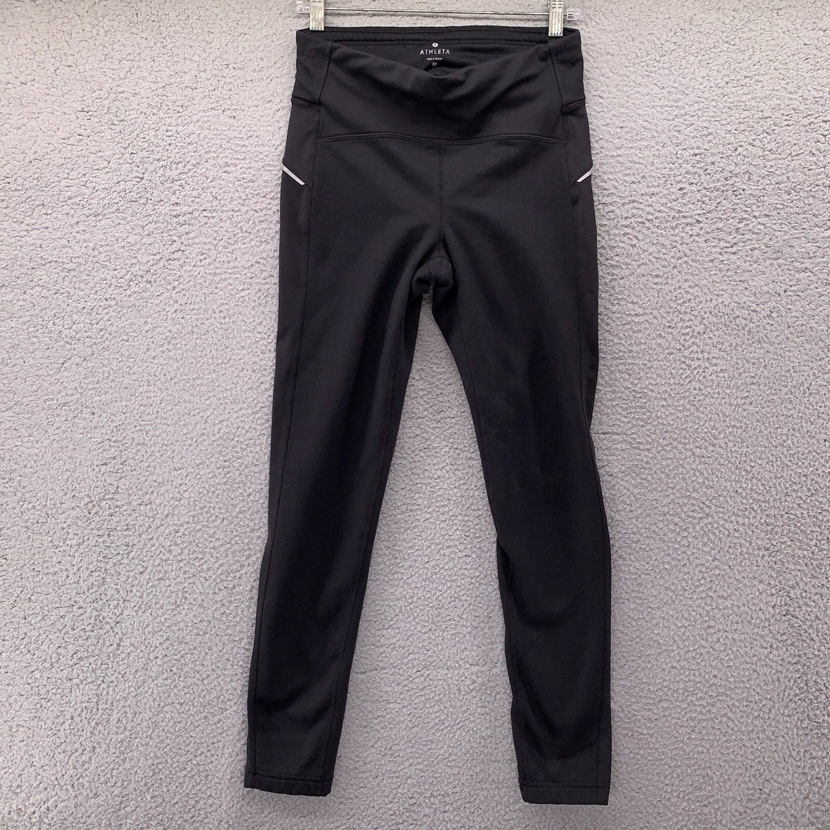 Athleta Leggings Pants Womens Medium Black Silver Logo Back Zip Pocket