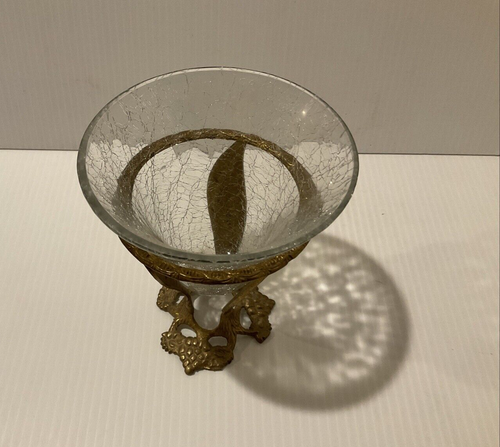 VTG Art Deco Glass Vase Brass Base Round Crackle Glass Planter Bowl Art Display - Picture 2 of 6