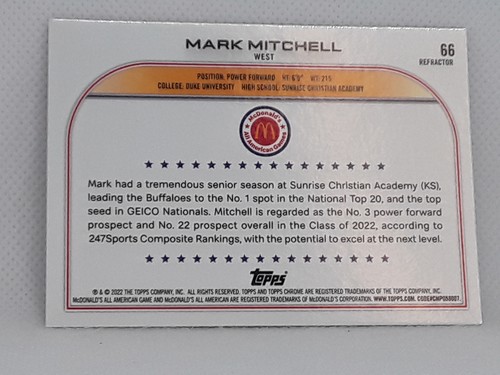 Mark Mitchell 2022 Topps Chrome McDonald's All American - Refractor #66 - Picture 2 of 2