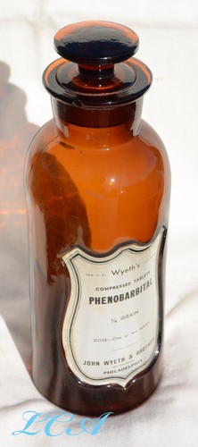 LARGE antique PHENOBARBITAL tablets FANCY bottle w/GLASS stopper LABEL inset - Picture 2 of 4