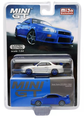 Chase! Mini GT 1:64 Nissan Skyline GT-R (R34) V-Spec Bayside Blue Car MGT00759