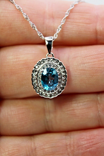 Silver Pendant Blue Topaz Genuine Natural Mined Gem Solid Sterling With Chain - Picture 22 of 24