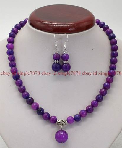 8mm Purple Natural Sugilite Round Gemstone Beads Pendant Necklace Earrings Set - Picture 6 of 12