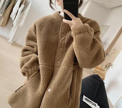 Women's Fleece Jacket Color Block Button Down Sherpa Shacket Fuzzy Faux Fur Coat - Picture 17 of 19