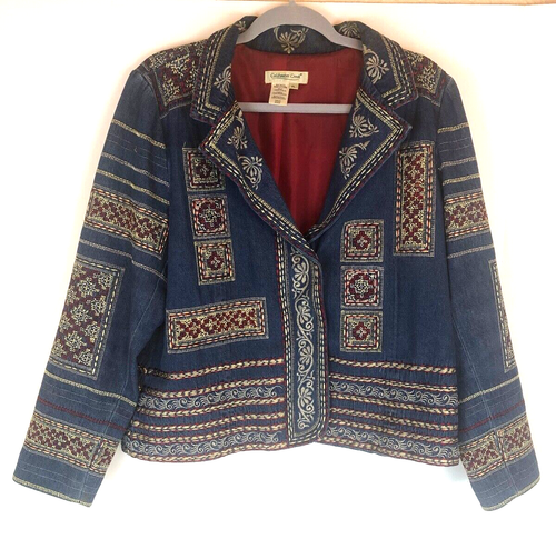 Coldwater Creek Jacke PL Damen bestickt Denim gefüttert rot Blumenstich