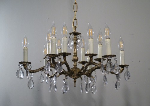 Lámpara de techo antigua vintage de bronce de 12 luces de 2 niveles con cristales - Imagen 8 de 9