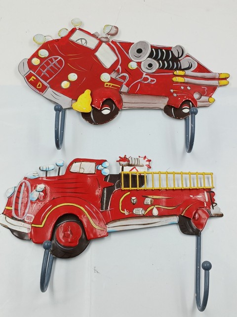 Set of 2 Different Child's Fire Truck Metal Wall Mount Coat Hangers Red Set of 2 Different Child's Fire Truck Metal Wall Mount Coat Hangers Red