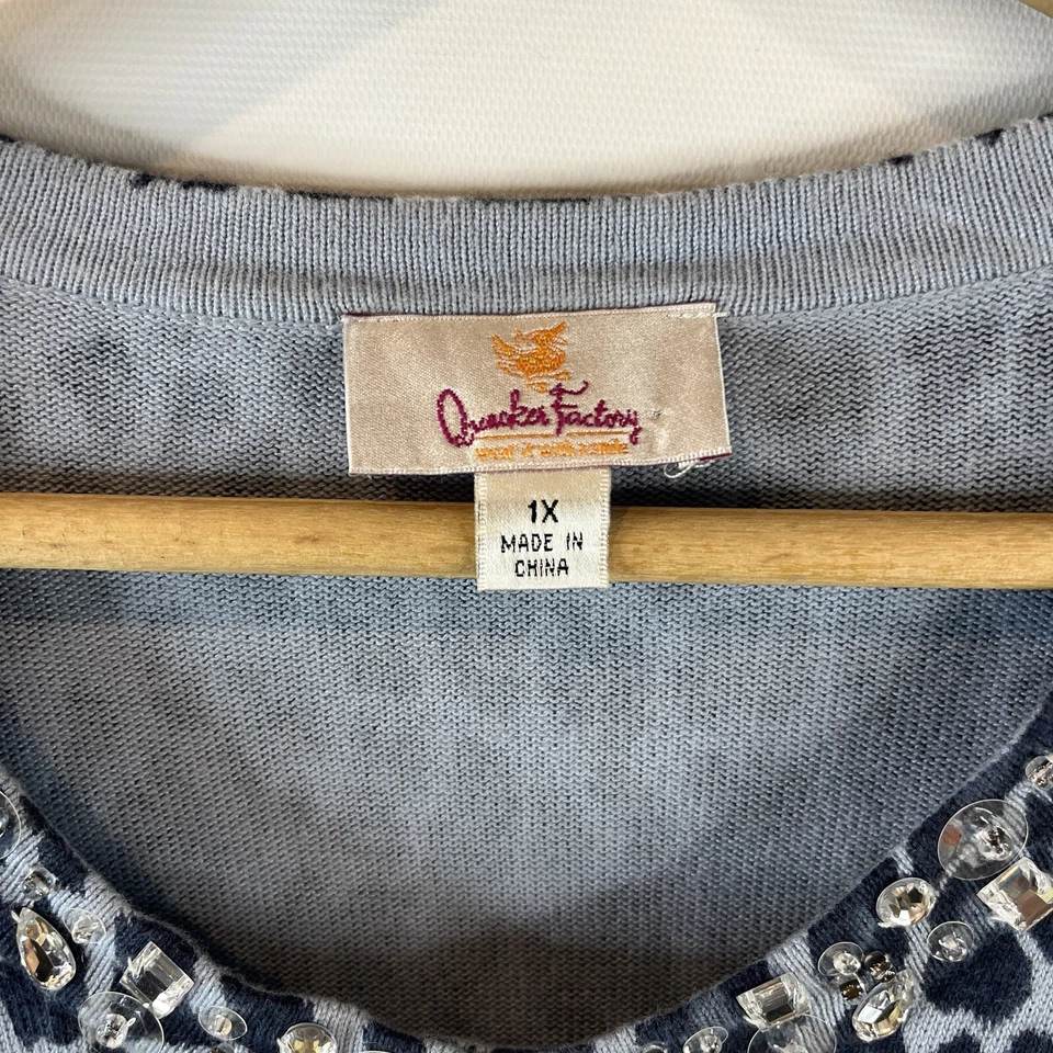 Quacker Factory Womens Cardigan Sweater Size 1X Blue Leopard Rhinestone Beaded - Image 3 of 4