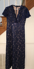 WOMEN Alex Evenings Navy Blue Sequin Lace NUDE SLIP A-Line Gown DRESS Size 8 38"