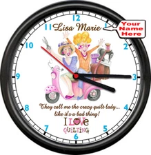 Personalized Crazy Quilt Lady Quilting Makes Me Happy Room Art Sign Wall Clock