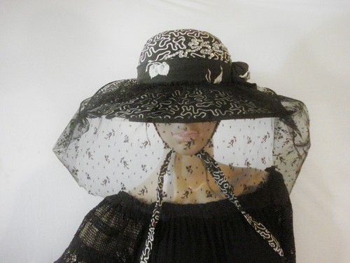 Wide Brim Hat Veiled Black & White Glam Chic Victorian Derby Hat Custom Made - Picture 3 of 12