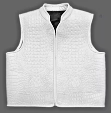 Men's Concealed Biker Vest in White Crocodile-Embossed Leather