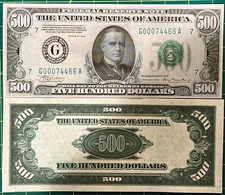 Reproduction 1934 $500 Bill Federal Reserve Note Currency Copy USA Read Below!!