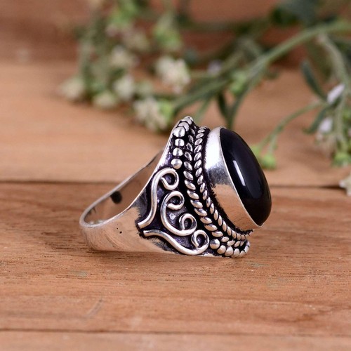 Natural Obsidian Gemstone Ring 925 Sterling Silver Oval Band For Unisex Wedding - Picture 5 of 7